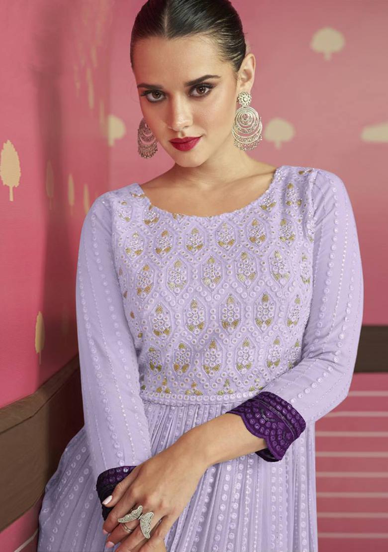 Lavender Embroidered Georgette Kurta Set - Indya