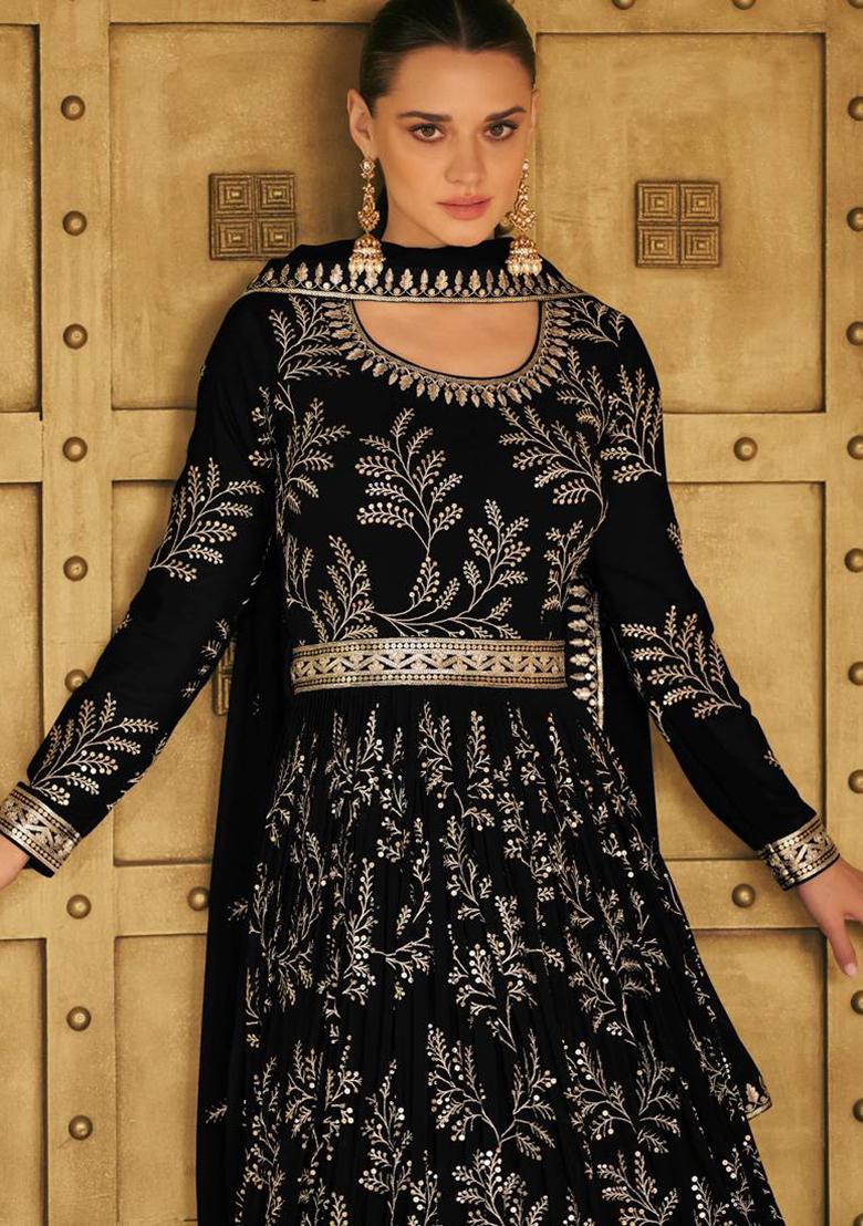 black Embroidered Georgette Kurta Set - Indya