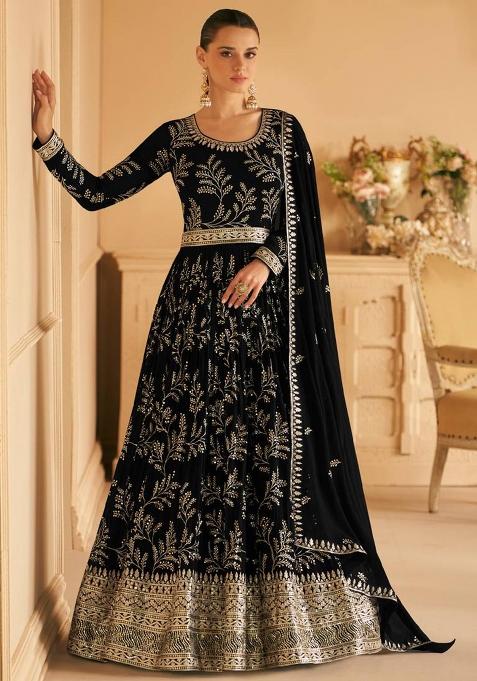 black Embroidered Georgette Kurta Set