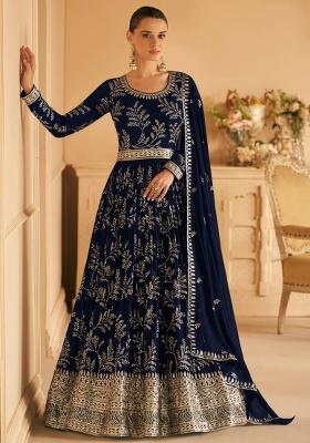 royal blue Embroidered Georgette Kurta Set