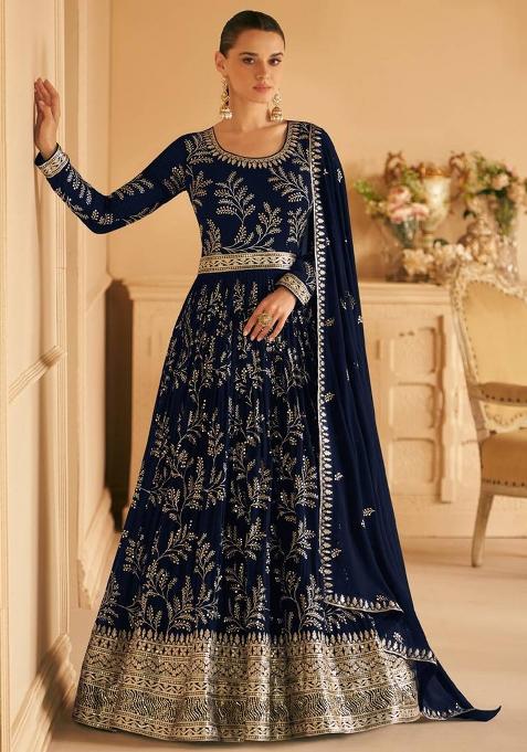 royal blue Embroidered Georgette Kurta Set