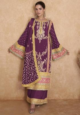 wine Embroidered Chinon Silk Kurta Set