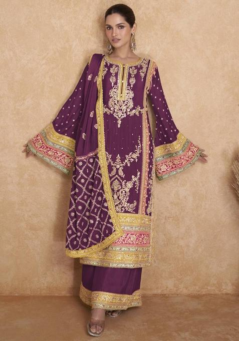 wine Embroidered Chinon Silk Kurta Set