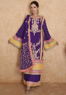 purple Embroidered Chinon Silk Kurta Set