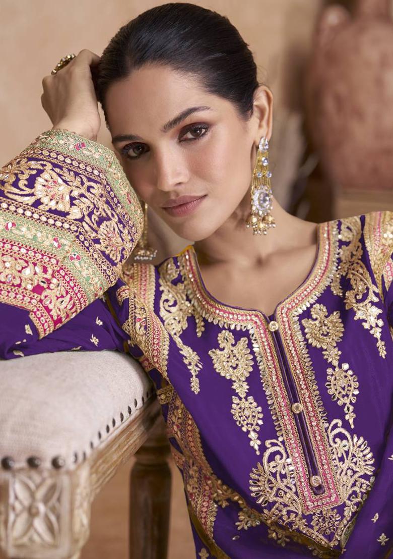 purple Embroidered Chinon Silk Kurta Set - Indya