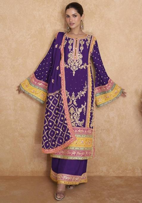 purple Embroidered Chinon Silk Kurta Set