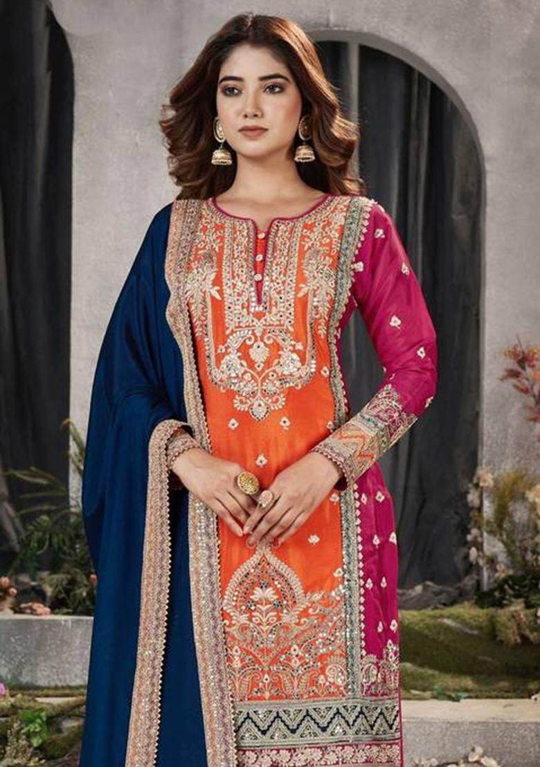 orange Embroidered Chinon Silk Kurta Set - Indya