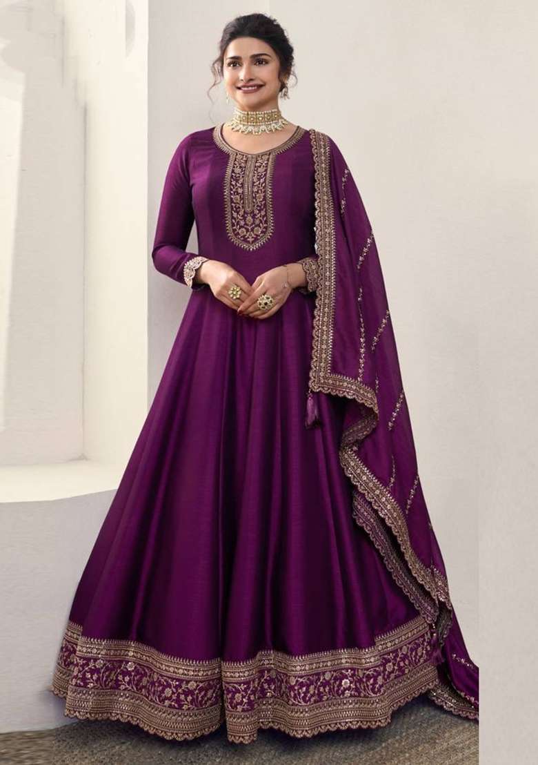 Purple Embroidered Silk Blend Anarkali Set - Indya