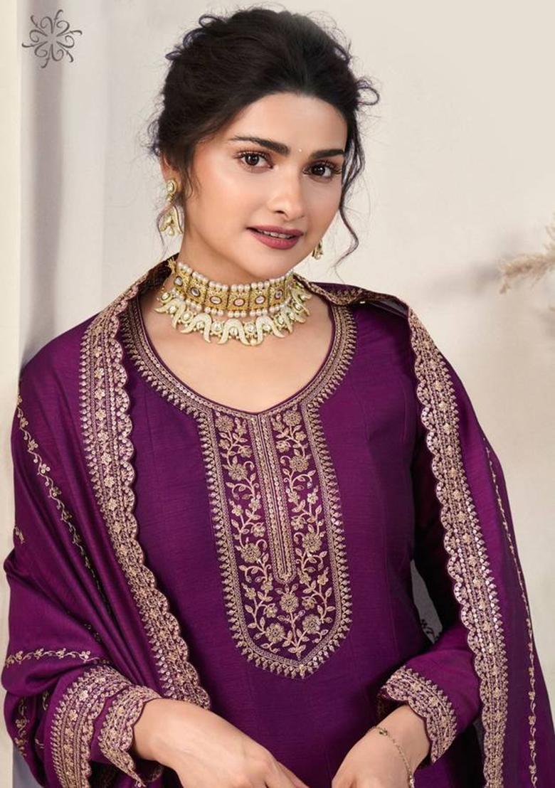purple Embroidered Silk Kurta Set - Indya