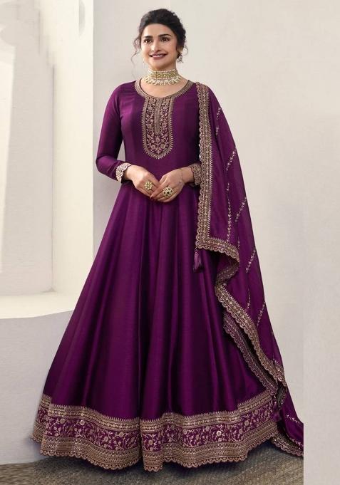 purple Embroidered Silk Kurta Set