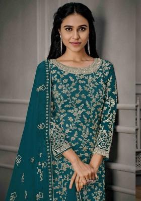 Aqua Green Embroidered Net Kurta Set