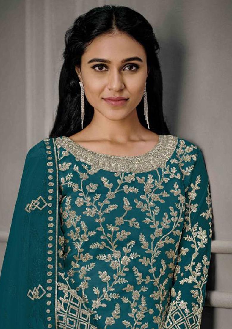 Aqua Green Embroidered Net Kurta Set - Indya