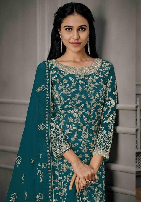 Aqua Green Embroidered Net Kurta Set