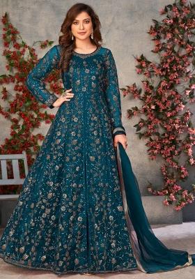 Aqua Embroidered Net Kurta Set