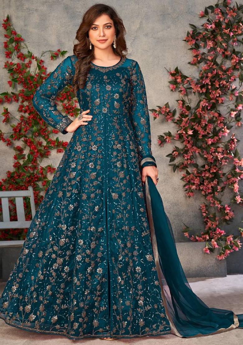 Aqua Embroidered Net Anarkali Set - Indya