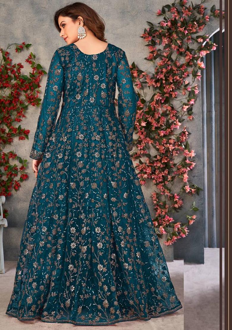 Aqua Embroidered Net Kurta Set - Indya