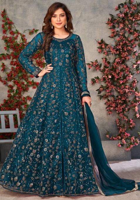 Aqua Embroidered Net Kurta Set