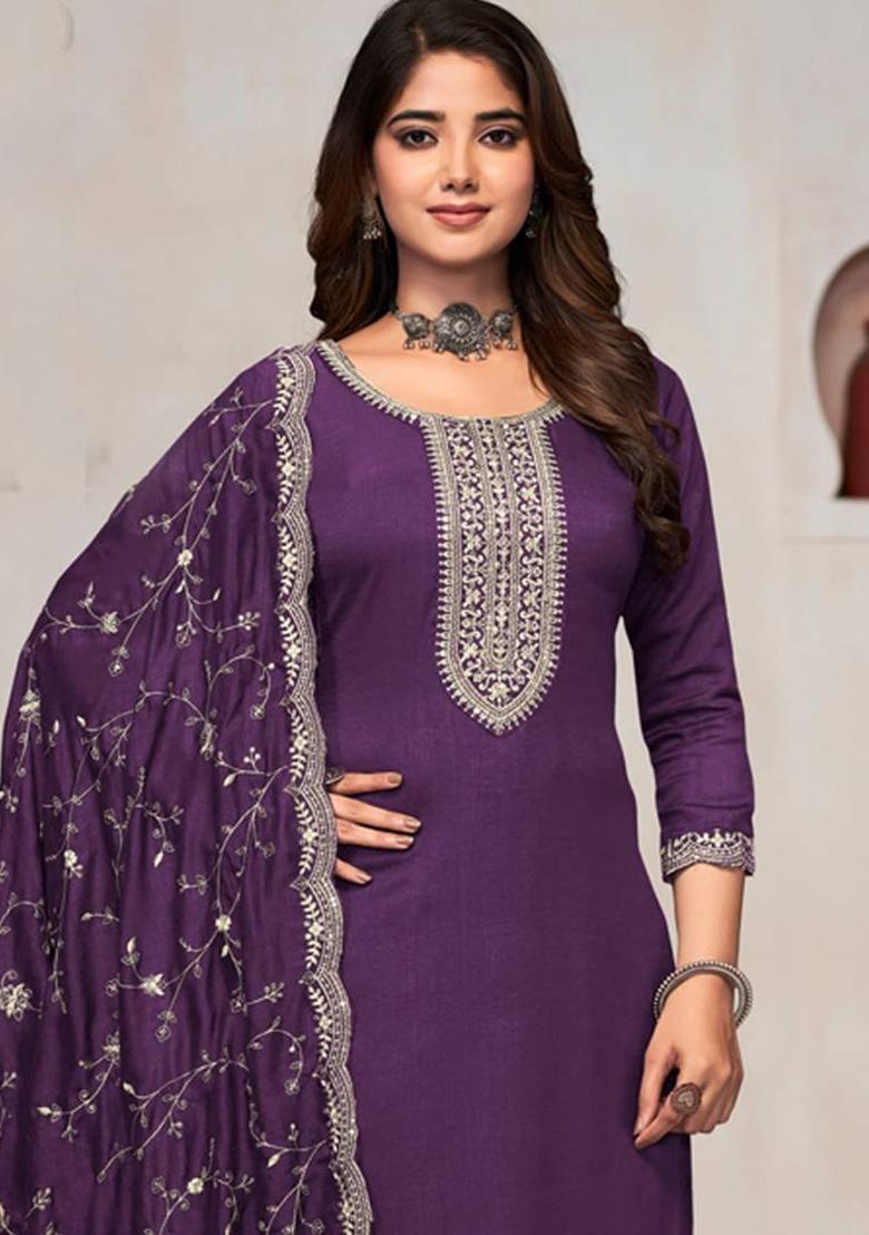 purple Embroidered Vischitra Silk Kurta Set - Indya