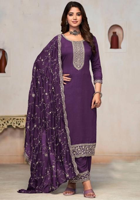 purple Embroidered Vischitra Silk Kurta Set