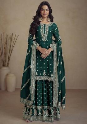 green Embroidered Chinon Silk Kurta Set