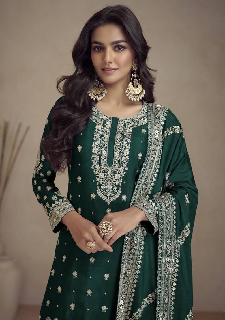 green Embroidered Chinon Silk Kurta Set - Indya