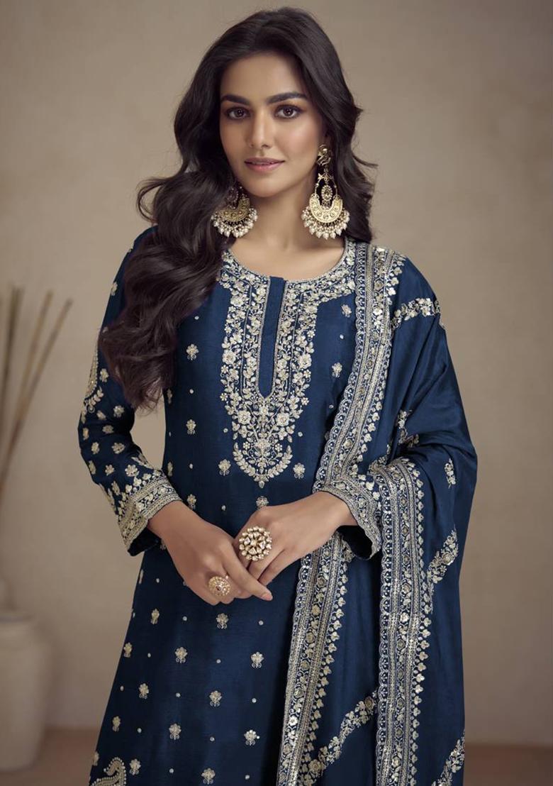 blue Embroidered Chinon Silk Kurta Set - Indya