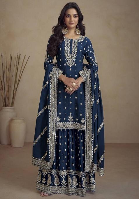 blue Embroidered Chinon Silk Kurta Set