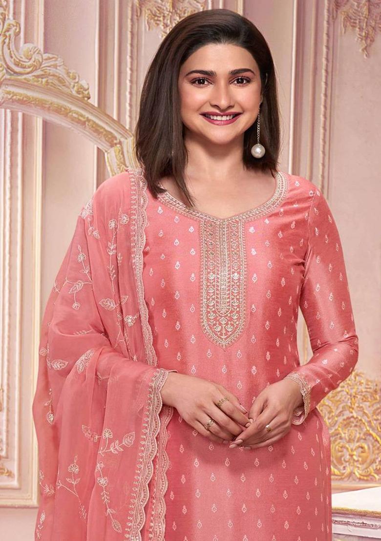 peach Embroidered Silk Kurta Set - Indya