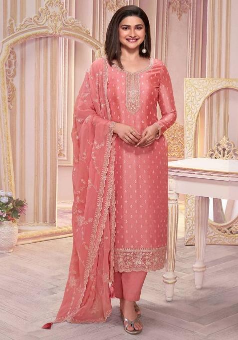 peach Embroidered Silk Kurta Set