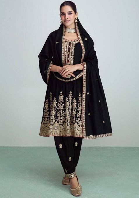 black Embroidered Silk Kurta Set