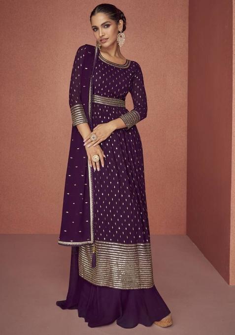 wine Embroidered Georgette Kurta Set