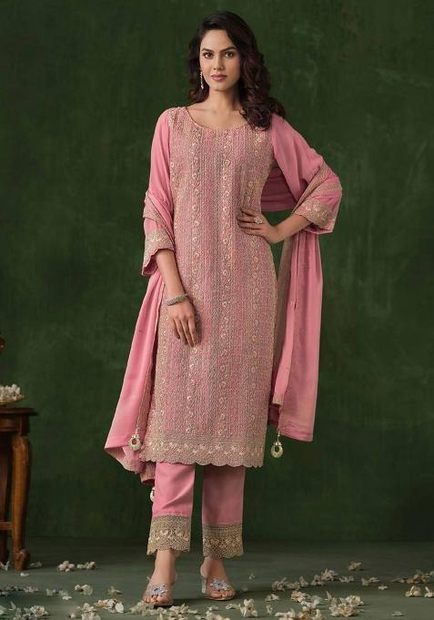 peach Embroidered Silk Kurta Set