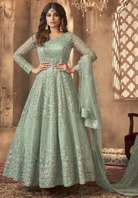 green Embroidered Net Kurta Set