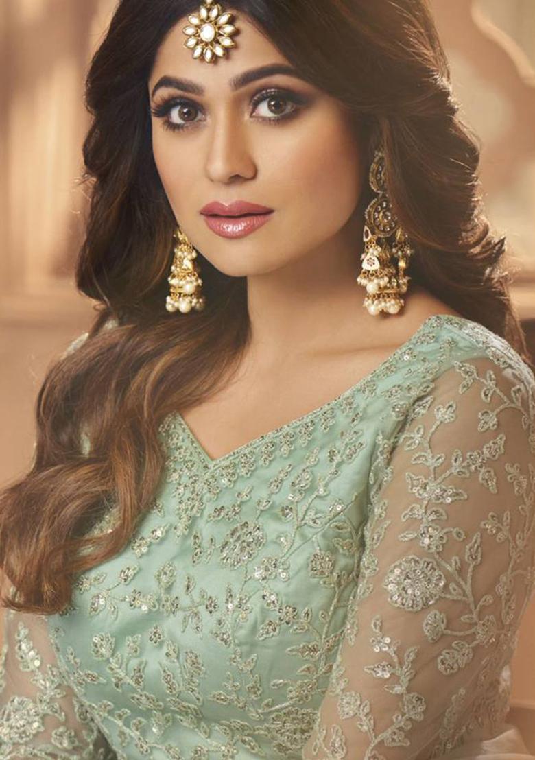 green Embroidered Net Kurta Set - Indya