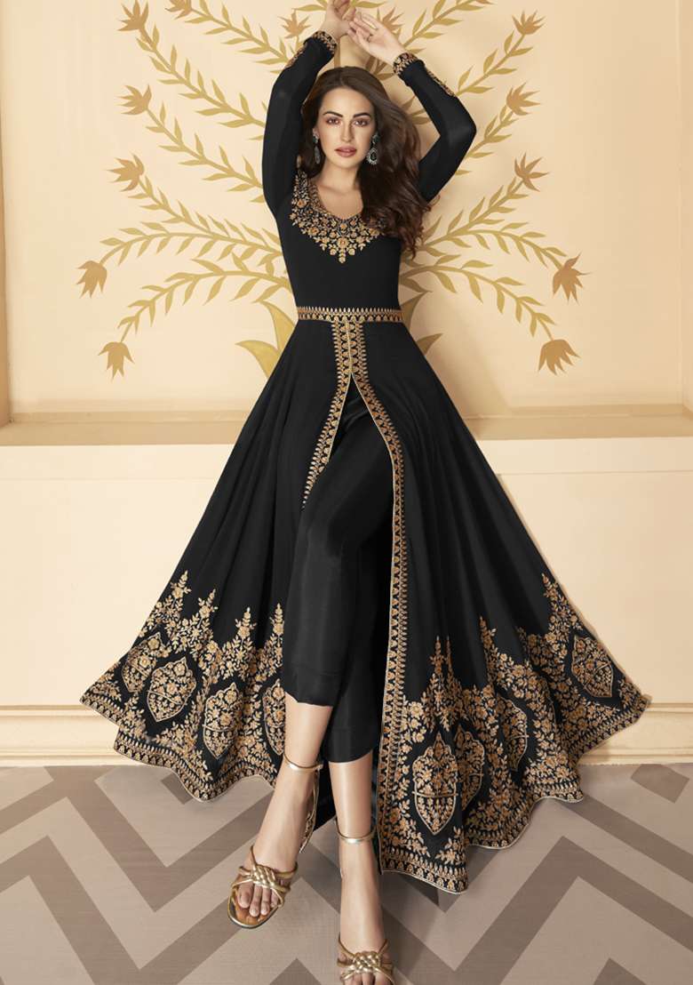 Black Embroidered Georgette Anarkali Set - Indya