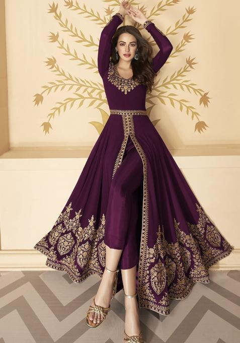 wine Embroidered Georgette Kurta Set