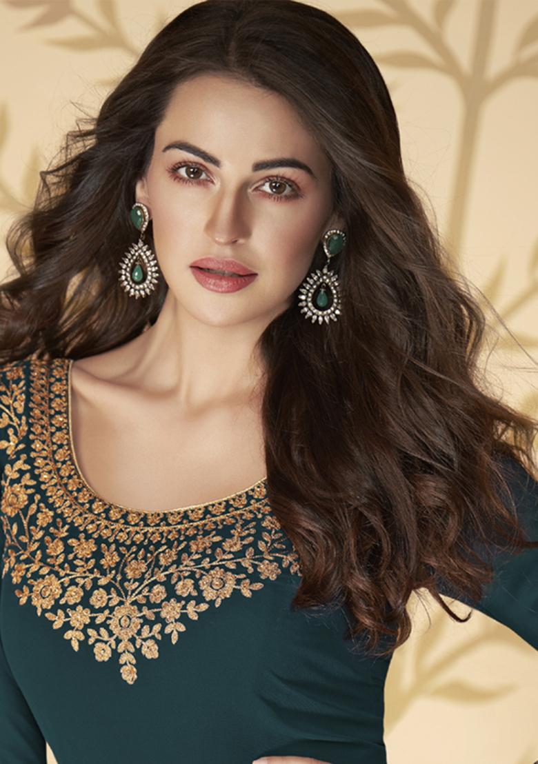 teal Embroidered Georgette Kurta Set - Indya