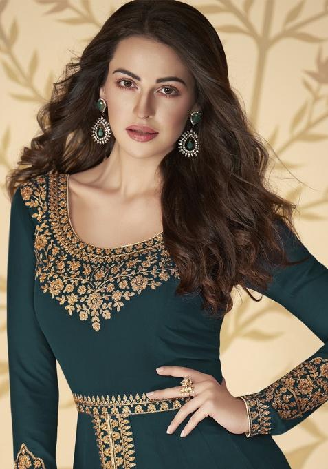 teal Embroidered Georgette Kurta Set