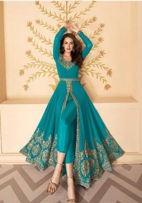 blue Embroidered Georgette Kurta Set