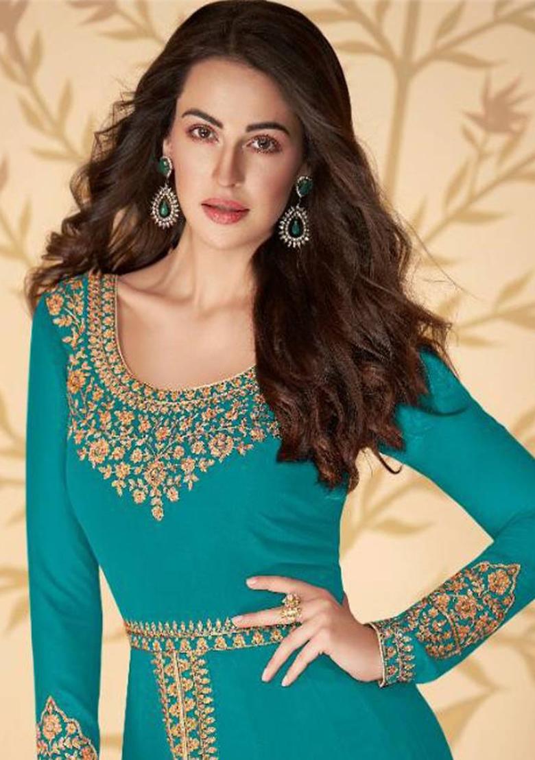 blue Embroidered Georgette Kurta Set - Indya