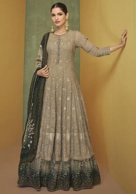 Beige Embroidered Georgette Kurta Set