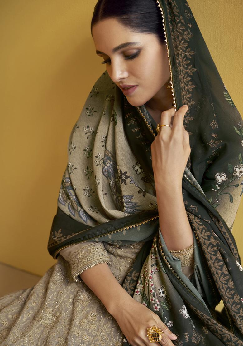 Beige Embroidered Georgette Kurta Set - Indya