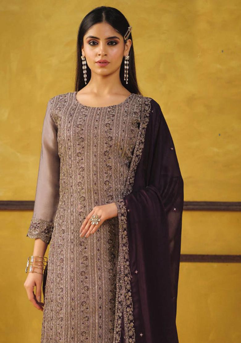 onion pink sequnce Silk Kurta Set - Indya