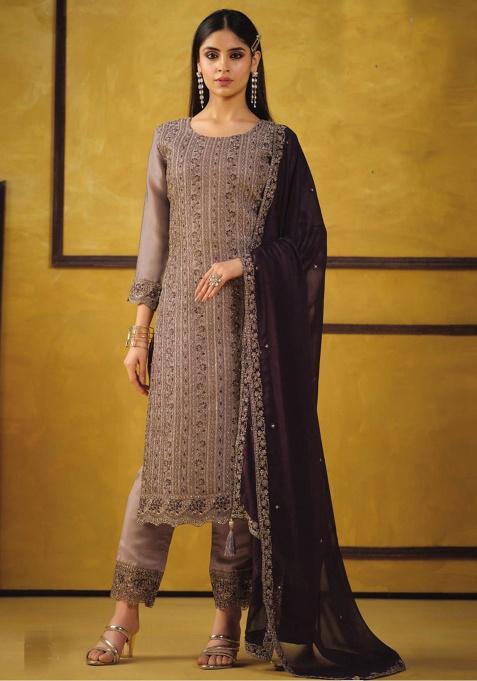 onion pink sequnce Silk Kurta Set