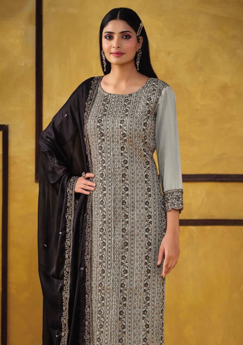 light grey sequnce Silk Kurta Set - Indya