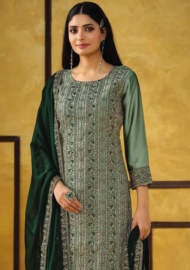 light green sequnce Silk Kurta Set - Indya