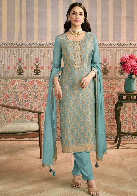 Sky Blue Embroidery Silk Salwar Suit