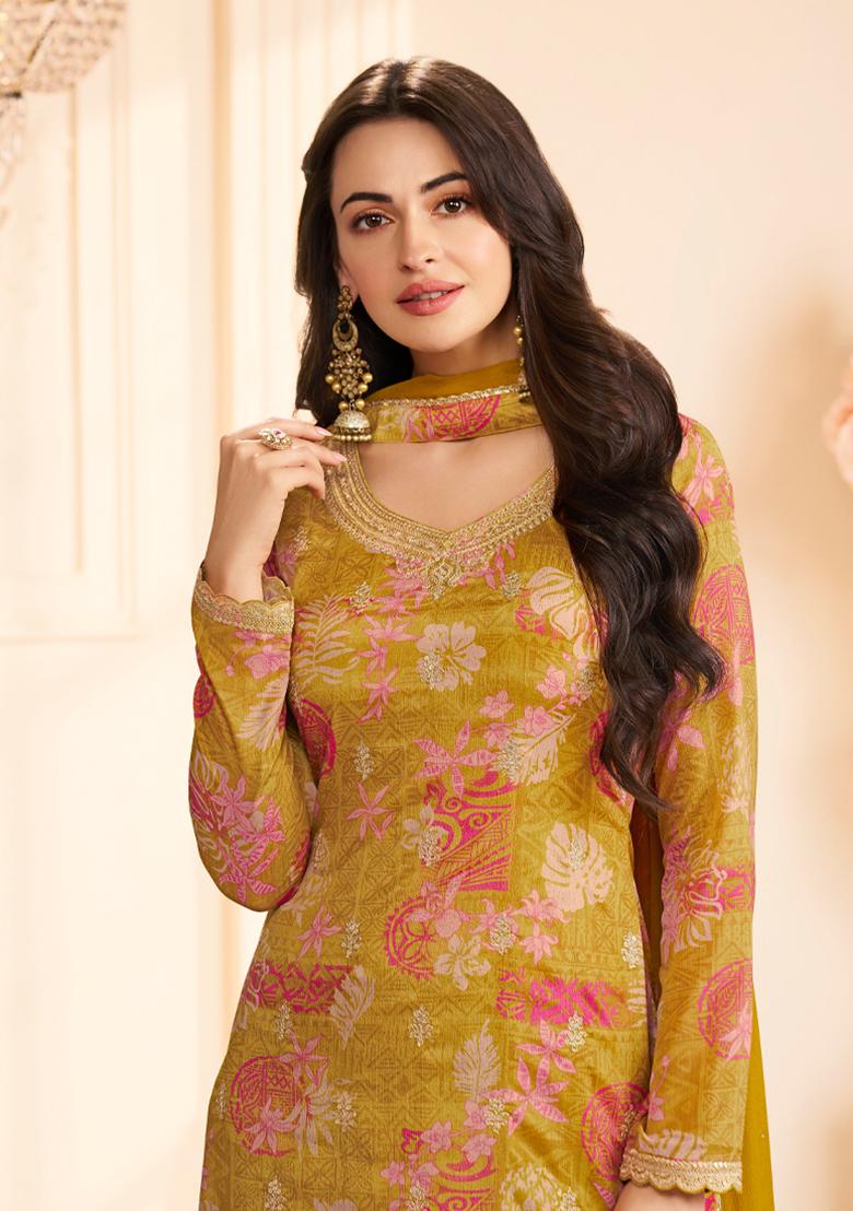 Yellow Embroidery Chinon Salwar Suit - Indya