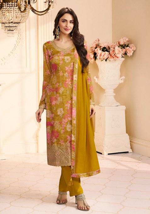 Yellow Embroidery Chinon Salwar Suit