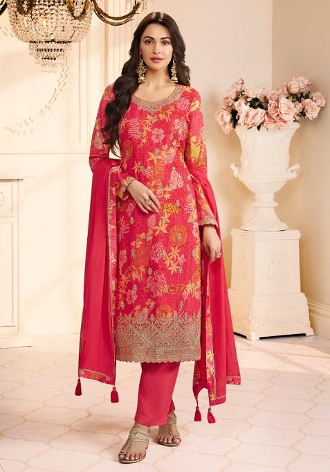 Red Embroidery Chinon Salwar Suit